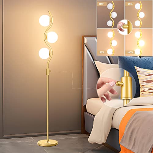 bulbeats Dimmable Gold Floor Lamp, 3 Globe Tall Standing Lamps for Living Room with 3PCS 3000K G9 Bulbs, Frosted Shades, Mid Century Modern Floor Lamp for Bedroom Office Home Decor