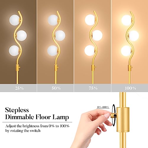 bulbeats Dimmable Gold Floor Lamp, 3 Globe Tall Standing Lamps for Living Room with 3PCS 3000K G9 Bulbs, Frosted Shades, Mid Century Modern Floor Lamp for Bedroom Office Home Decor