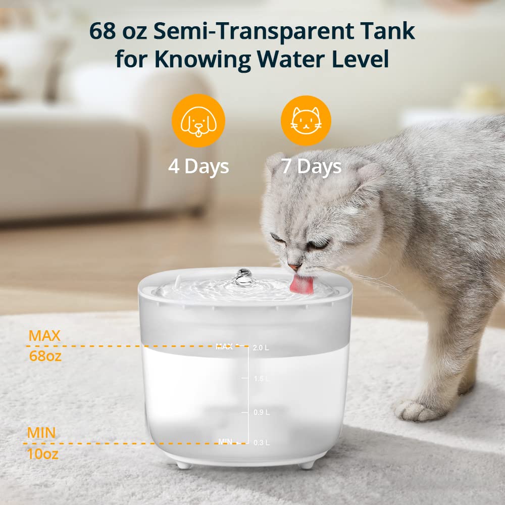 PETEMPO Cat Water Fountain with Wireless Pump, 68oz/2L Ultra Quiet Cat Fountain, Automatic Pet Drinking Fountain for Cats Dogs Inside with 2 Flow Modes, LED Light Indicator, Filter Included