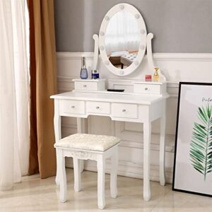 white lighted makeup vanity set - makeup desk with 360° rotating oval mirror and cushioned stool - make-up vanity station with removable top - dressing table with 10 light bulbs and 5 sliding drawers