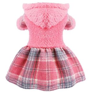winter dog dress, cute warm fleece dog hooded sweater, for small dogs girl, pink plaid puppy dresses clothes for chihuahua yorkie,cat apparel (pink, x-small)