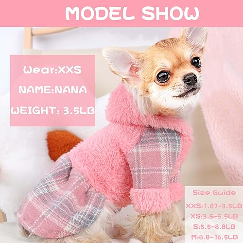 Winter Dog Dress, Cute Warm Fleece Dog Hooded Sweater, for Small Dogs Girl, Pink Plaid Puppy Dresses Clothes for Chihuahua Yorkie,Cat Apparel (Pink, X-Small)