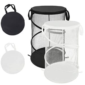 collapsible round popup laundry hamper with lid 2pcs set, white & black foldable mesh laundry basket with reinforced carry handles solid bottom, large double clothes hamper for college dorm travel