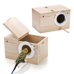 hiceeden 2 pack parakeet nest box, natural wood bird nesting box, small bird house breeding box for budgie lovebirds, cockatiel, parrots mating, aviary, 7.7×4.7×4.7 inches