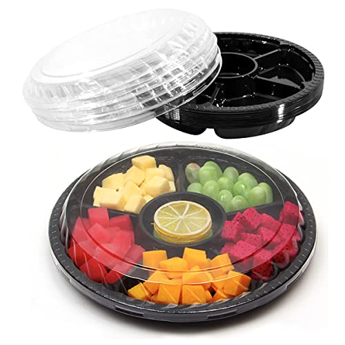 Yuxitia 12pcs Round Appetizer Serving Trays with Lids 12.6 Inches Veggie Fruit Trays Disposable Food Storage Containers 6 Divided Compartments Serving Containers Veggie Trays Party Buffet Picnic…