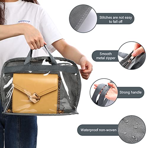 15 Pcs Dust Bags for Handbags Purse Storage Organizer 3 Size Clear Purse Organizer Hanging Handbag Storage with Zipper and Handles Closet Purse Bags for Storage Purse Covers for Dust, Gray, 5 Per Size