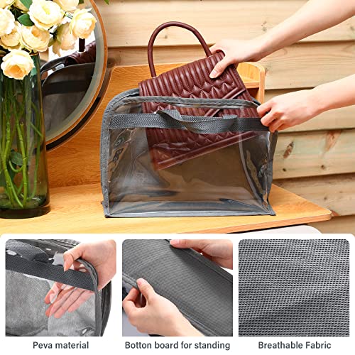 15 Pcs Dust Bags for Handbags Purse Storage Organizer 3 Size Clear Purse Organizer Hanging Handbag Storage with Zipper and Handles Closet Purse Bags for Storage Purse Covers for Dust, Gray, 5 Per Size