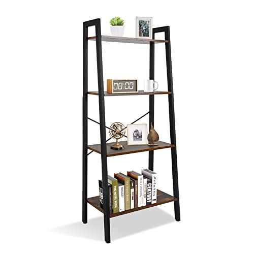 ECOMEX 4-Tier Ladder Shelf Industrial Bookshelf, Ladder Bookshelf Open Storage Rack Wood Ladder Shelf with Metal Frame, Freestanding Storage Shelves for Home Office, Bedroom (Rustic Brown)