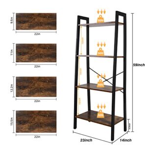 ECOMEX 4-Tier Ladder Shelf Industrial Bookshelf, Ladder Bookshelf Open Storage Rack Wood Ladder Shelf with Metal Frame, Freestanding Storage Shelves for Home Office, Bedroom (Rustic Brown)