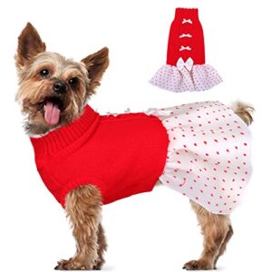 sawmong dog sweater dress, turtleneck dog sweater with cute bowknot, doggie knitwear pullover with leash hole, puppy princess dress winter clothes for female girl doggy and cats