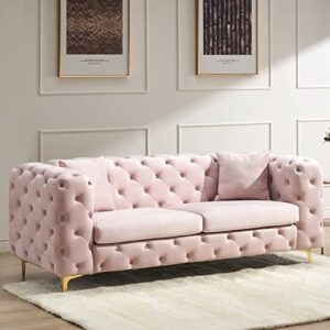 homtique mid-century modern sofa couch, 79 inch long couch comfy upholstered sofa with 2 pillows button tufted velvet high armrest and golden legs decor for living room, bedroom, apartment (pink)
