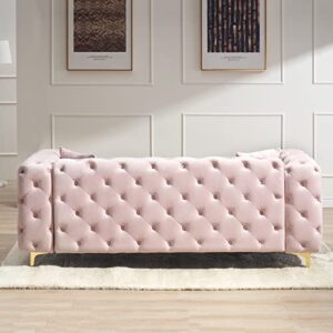 Homtique Mid-Century Modern Sofa Couch, 79 Inch Long Couch Comfy Upholstered Sofa with 2 Pillows Button Tufted Velvet High Armrest and Golden Legs Decor for Living Room, Bedroom, Apartment (Pink)