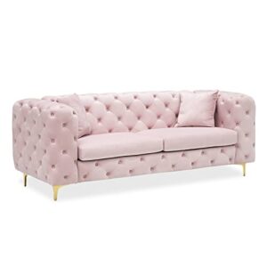 Homtique Mid-Century Modern Sofa Couch, 79 Inch Long Couch Comfy Upholstered Sofa with 2 Pillows Button Tufted Velvet High Armrest and Golden Legs Decor for Living Room, Bedroom, Apartment (Pink)