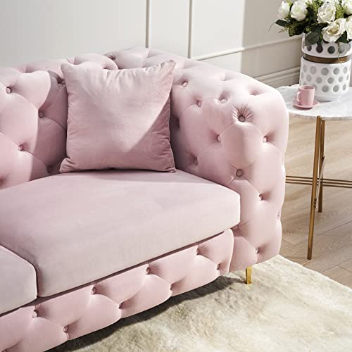 Homtique Mid-Century Modern Sofa Couch, 79 Inch Long Couch Comfy Upholstered Sofa with 2 Pillows Button Tufted Velvet High Armrest and Golden Legs Decor for Living Room, Bedroom, Apartment (Pink)