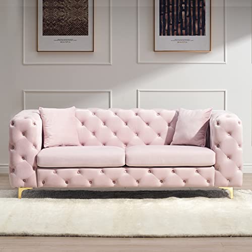Homtique Mid-Century Modern Sofa Couch, 79 Inch Long Couch Comfy Upholstered Sofa with 2 Pillows Button Tufted Velvet High Armrest and Golden Legs Decor for Living Room, Bedroom, Apartment (Pink)