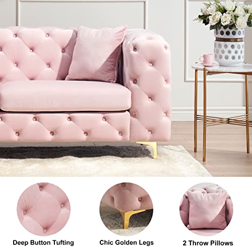 Homtique Mid-Century Modern Sofa Couch, 79 Inch Long Couch Comfy Upholstered Sofa with 2 Pillows Button Tufted Velvet High Armrest and Golden Legs Decor for Living Room, Bedroom, Apartment (Pink)