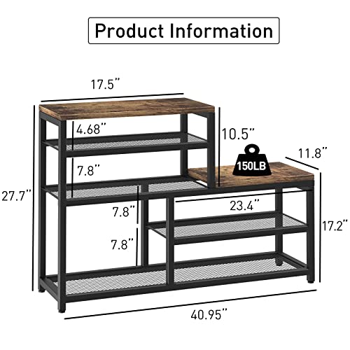 Shoe Rack Bench Shoe Storage Organizer with Seat, 5-Tier Industrial Free Standing Shoe Rack for Entryway, Narrow Shoe Rack Organizer Shelves for High Heels, Entryways, Hallways, Closets,Brown