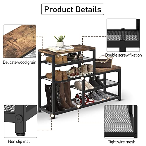 Shoe Rack Bench Shoe Storage Organizer with Seat, 5-Tier Industrial Free Standing Shoe Rack for Entryway, Narrow Shoe Rack Organizer Shelves for High Heels, Entryways, Hallways, Closets,Brown