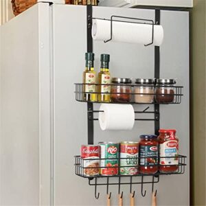 nandae fridge spice rack organizer, refrigerator side shelf storage with paper towel holder 2 baskets & 6 hooks kitchen rack for refrigerator washing machine, black