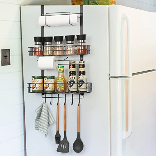 Nandae Fridge Spice Rack Organizer, Refrigerator Side Shelf Storage with Paper Towel Holder 2 Baskets & 6 Hooks Kitchen Rack for Refrigerator Washing Machine, Black