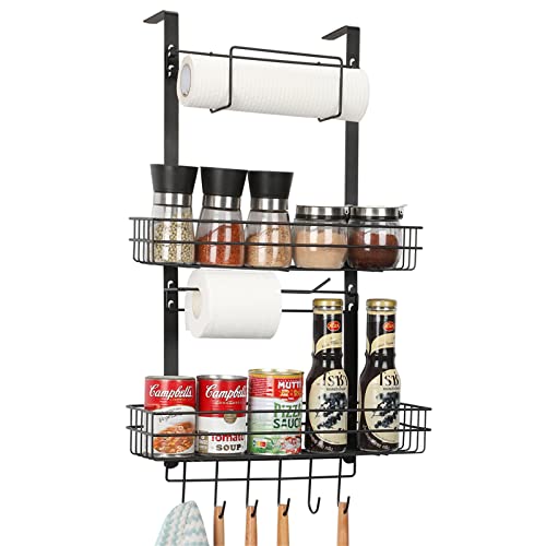 Nandae Fridge Spice Rack Organizer, Refrigerator Side Shelf Storage with Paper Towel Holder 2 Baskets & 6 Hooks Kitchen Rack for Refrigerator Washing Machine, Black