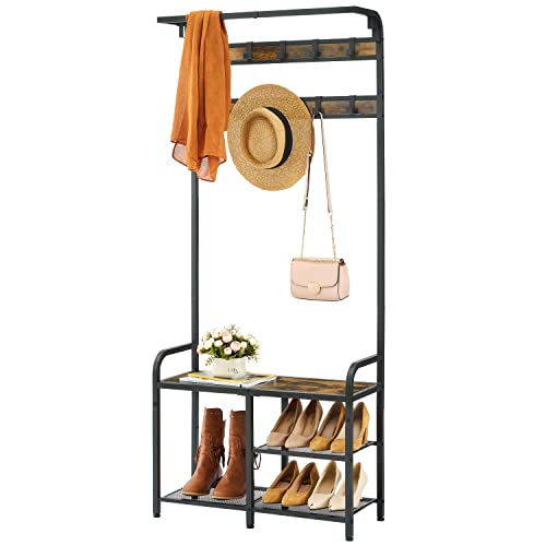 Tajsoon Coat Rack, Hall Tree with Bench and Shoe Storage, Coat Rack Shoe Bench, 3-in-1 Shoe Rack and Coat Rack for Entryway, 11.24 X 28.35 X 66.34 Inches, Metal, Rustic Brown and Black