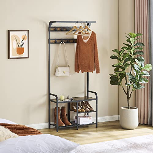 Tajsoon Coat Rack, Hall Tree with Bench and Shoe Storage, Coat Rack Shoe Bench, 3-in-1 Shoe Rack and Coat Rack for Entryway, 11.24 X 28.35 X 66.34 Inches, Metal, Rustic Brown and Black