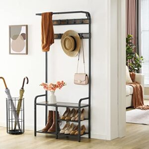 Tajsoon Coat Rack, Hall Tree with Bench and Shoe Storage, Coat Rack Shoe Bench, 3-in-1 Shoe Rack and Coat Rack for Entryway, 11.24 X 28.35 X 66.34 Inches, Metal, Rustic Brown and Black