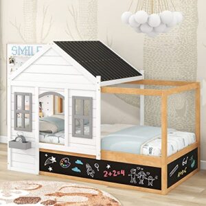 cklmmc twin size house shaped canopy bed with black roof and white window,blackboard little shelf, wood platform for kids, teens, girls & boys, can be decorated (white#canopy*h), house canopy bed