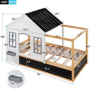 CKLMMC Twin Size House Shaped Canopy Bed with Black Roof and White Window,Blackboard Little Shelf, Wood Platform for Kids, Teens, Girls & Boys, Can Be Decorated (White#Canopy*H), House Canopy Bed