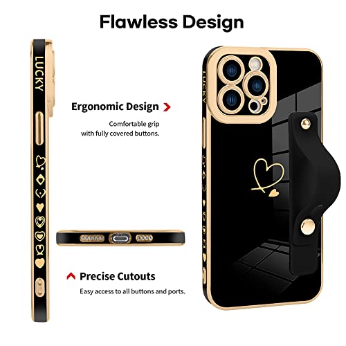 ZIYE for iPhone 13 Pro Max Luxury Electroplated Case with Strap Love Heart Plating Gold Bumper Cover for Women Girls Anti-Scratch Shockproof Back Phone Case for iPhone 13 Pro Max 6.7 Inch