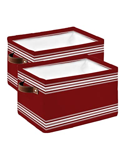 Storage Cubes Organizer with Handles, Rustic Farmhouse Storage Bins Fabric Collapsible Storage Baskets for Shelf Closet Nursery Cloth Organizers Box Burgundy Stripes 2pcs-15x11x9.5in