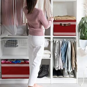 Storage Cubes Organizer with Handles, Rustic Farmhouse Storage Bins Fabric Collapsible Storage Baskets for Shelf Closet Nursery Cloth Organizers Box Burgundy Stripes 2pcs-15x11x9.5in