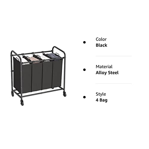 Wisdom Star 4 Bag Laundry Sorter Cart, Laundry Hamper Sorter with Heavy Duty Rolling Wheels and Removable Bags for Clothes Storage,Laundry Organizer Laundry Basket Laundry Clothes Hamper, Black