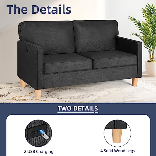 AODAILIHB 57" W Loveseat Sofa with 2 USB Charging Ports & Wide Pillows, Upholstered Comfy Couches for Bedroom Living Room Office Apartment, Small Space (1, Dark Grey)