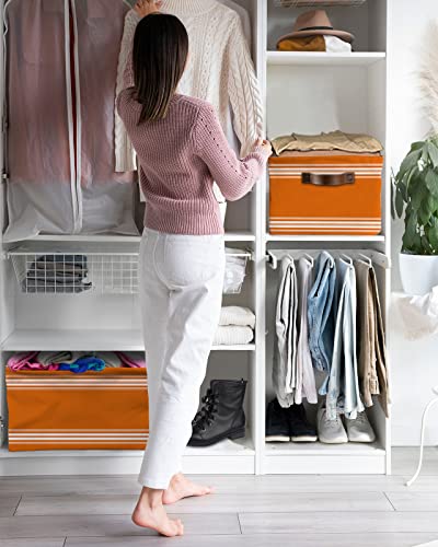 Storage Cubes Organizer with Handles, Thanksgiving Farmhouse Storage Bins Fabric Collapsible Storage Baskets for Shelf Closet Nursery Cloth Organizers Box Orange Fall Stripes 2pcs-15x11x9.5in