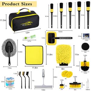 FCLUSLL 32Pcs Car Cleaning Wash Kit with Windshield Cleaning Tool, Auto Drill Brush Set, Detailing Brushes Set, Cleaning Gel, Complete Interior Care Kit, Yellow