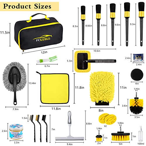 FCLUSLL 32Pcs Car Cleaning Wash Kit with Windshield Cleaning Tool, Auto Drill Brush Set, Detailing Brushes Set, Cleaning Gel, Complete Interior Care Kit, Yellow