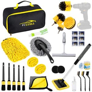 fclusll 32pcs car cleaning wash kit with windshield cleaning tool, auto drill brush set, detailing brushes set, cleaning gel, complete interior care kit, yellow