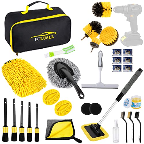 FCLUSLL 32Pcs Car Cleaning Wash Kit with Windshield Cleaning Tool, Auto Drill Brush Set, Detailing Brushes Set, Cleaning Gel, Complete Interior Care Kit, Yellow