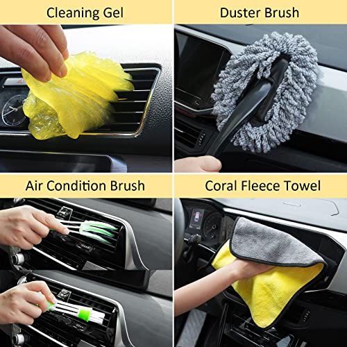 FCLUSLL 32Pcs Car Cleaning Wash Kit with Windshield Cleaning Tool, Auto Drill Brush Set, Detailing Brushes Set, Cleaning Gel, Complete Interior Care Kit, Yellow