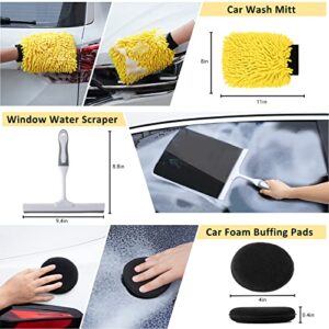 FCLUSLL 32Pcs Car Cleaning Wash Kit with Windshield Cleaning Tool, Auto Drill Brush Set, Detailing Brushes Set, Cleaning Gel, Complete Interior Care Kit, Yellow