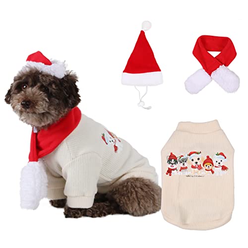 balancepaw Bulldog Christmas Costumes, 3 Pcs Pet Santa Hat Scarf Sweater, Warm Cat Dog Christmas Sweaters, Dog Winter Clothes Knitted Sweater (XL,Beige)