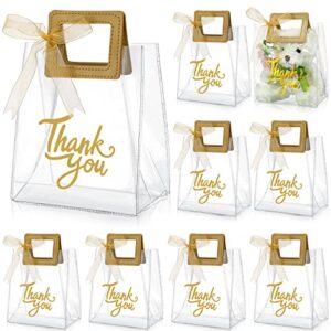 12 pcs clear gift bags with handle thank you gift handbags transparent pvc wrap bags reusable heavy duty tote bags for bridal party baby shower wedding birthday favor 7 x 4 x 8 inch (gold)