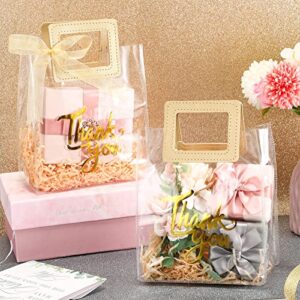 12 Pcs Clear Gift Bags with Handle Thank You Gift Handbags Transparent PVC Wrap Bags Reusable Heavy Duty Tote Bags for Bridal Party Baby Shower Wedding Birthday Favor 7 x 4 x 8 Inch (Gold)