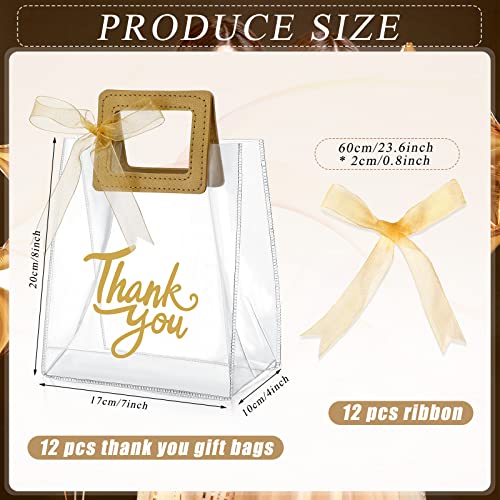 12 Pcs Clear Gift Bags with Handle Thank You Gift Handbags Transparent PVC Wrap Bags Reusable Heavy Duty Tote Bags for Bridal Party Baby Shower Wedding Birthday Favor 7 x 4 x 8 Inch (Gold)