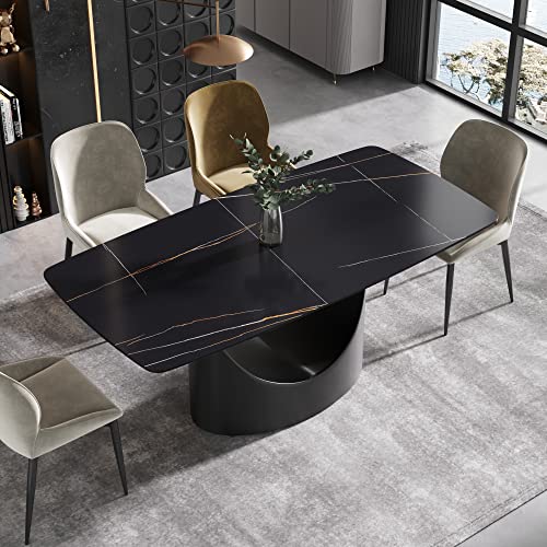 Modern Dining Table, Black Sintered Stone Tabletop Dining Table with Black Carbon Steel Base, 70.8" Rectangular Dining Table for 6-8