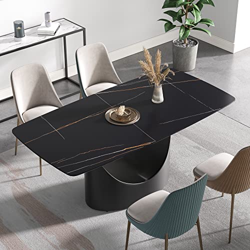 Modern Dining Table, Black Sintered Stone Tabletop Dining Table with Black Carbon Steel Base, 70.8" Rectangular Dining Table for 6-8