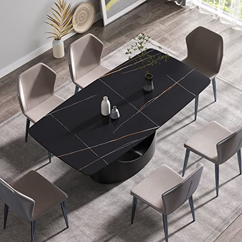 Modern Dining Table, Black Sintered Stone Tabletop Dining Table with Black Carbon Steel Base, 70.8" Rectangular Dining Table for 6-8