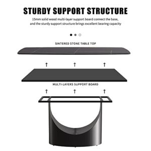 Modern Dining Table, Black Sintered Stone Tabletop Dining Table with Black Carbon Steel Base, 70.8" Rectangular Dining Table for 6-8